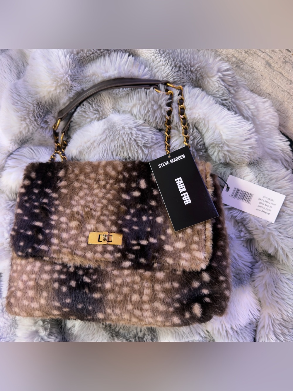 Steve Madden Brown Spotted Faux Fur Shoulder Bag with Gold Hardware